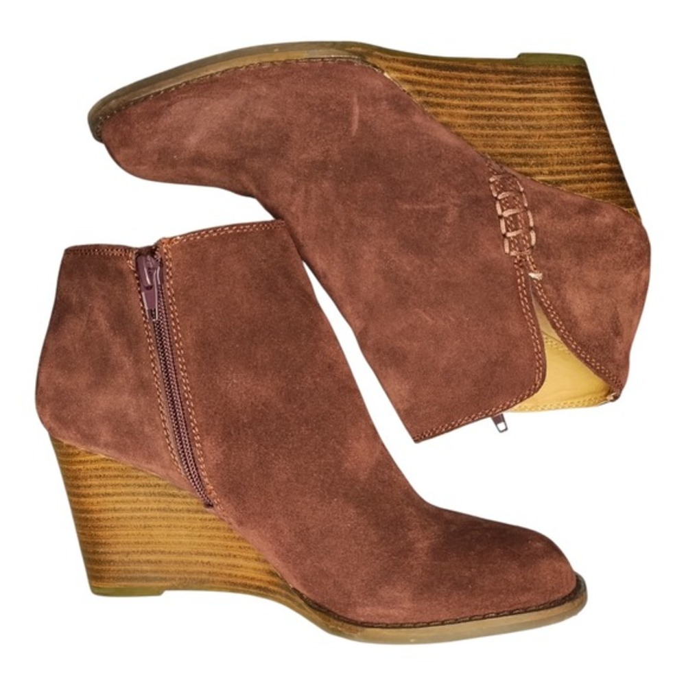Lucky Brand Yimme Ankle Boots Womens US 8M Burgundy Brown Leather Wedge Side Zip